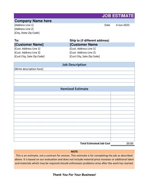 Free Printable Estimates Templates Excel Word