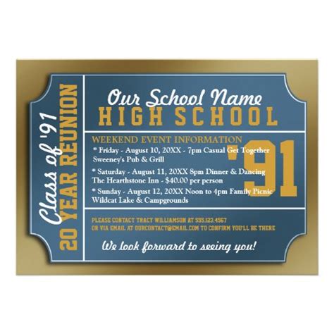 Ticket Style Blue/Gold Class Reunion Invitation