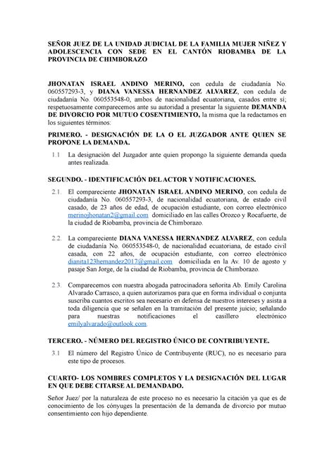 Demanda De Divorcio Por Mutuo Cosentimiento SeÑor Juez De La Unidad