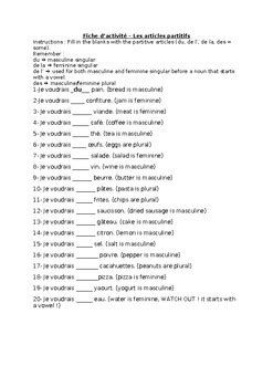 Fiche d activité les articles partitifs Partitive articles in French