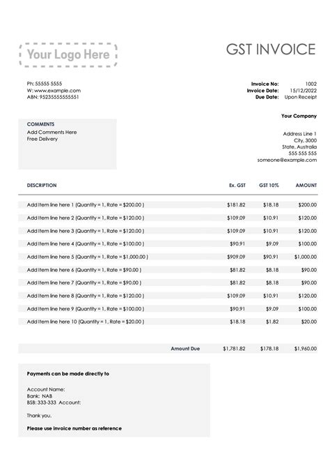 Australian Gst Invoice Excel Google Sheets Gs Invoice