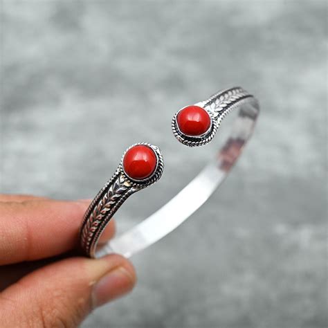 Red Coral Bracelet 925 Sterling Silver Bangle Red Coral Bangle