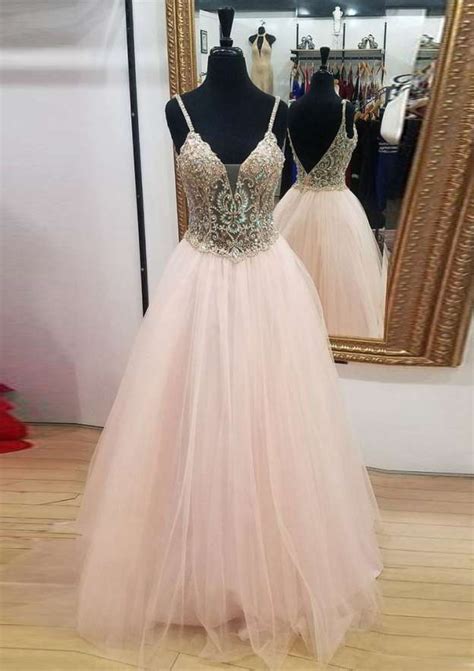 V Neck Sleeveless A Line Princess Long Floor Length Tulle Prom Dress