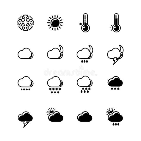 Monochrome Silhouettes Of Weather Icons Set Cloudy Sunny And Rainy