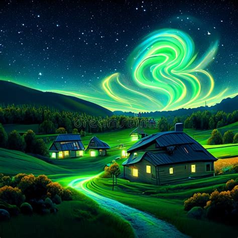 Aurora Borealis Over The Village At Night Vector Illustration Stock