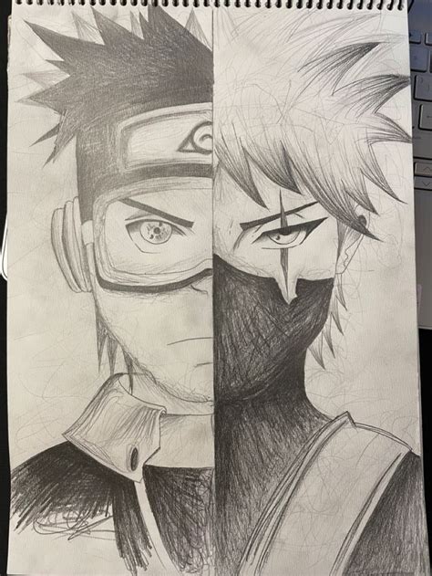 Dibujo A Lapiz Mitad Cara Hatake Kakashi Mitad Uchiha Obito Naruto