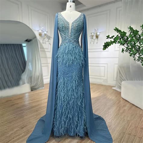 Serene Hill Arabic Blue Mermaid Elegant With Cape Luxury Beaded Feather