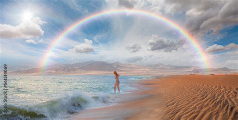 Girl On Tropical Beach Beautiful Woman In Bikini Enjoy A Swim In The Sea Namib Desert With