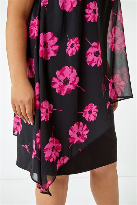 Curve Sleeveless Floral Overlay Dress In Fuchsia Roman Originals Uk