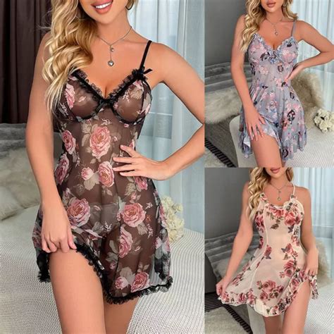 Mini Robe Florale Pour Femmes Lingerie Sexy Nuisette Sous V Tements