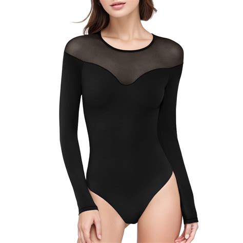 Ghsohs Round Neck Long Sleeve Bodysuits For Women See Through Mesh Lingerie Leotards Thong