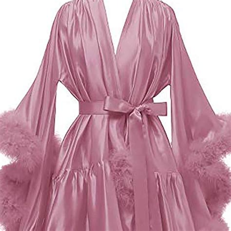 Silky Satin Faux Fur Feather Fringe Hem Short Robe Dress Etsy