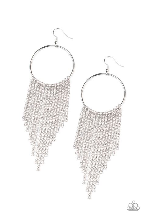 Streamlined Shimmer White Rhinestone Silver Chain Fringe Earrings