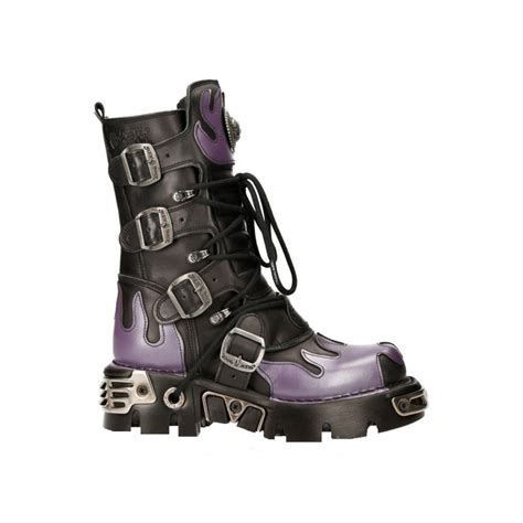 New Rock Purple Flame Punk Boots Black Leather Gothic Heavy Biker M 591 S5