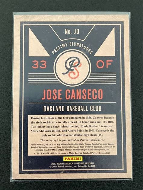 Yahoo Panini Jose Canseco Autograph Card Mlb O