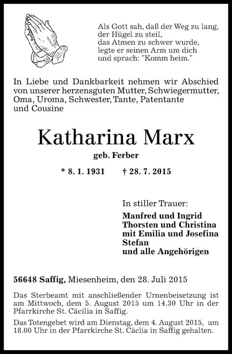 Traueranzeigen Von Katharina Marx Rz Trauer De