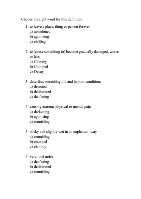 Scary Setting Words Quiz Worksheet Live Worksheets