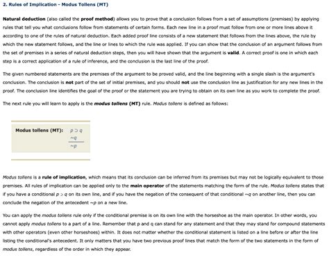 Solved 2. Rules of Implication - Modus Tollens (MT) Natural | Chegg.com