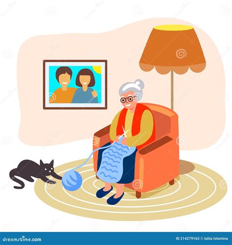 Knitting Old Woman Knits Granny Vector Illustration Stock Vector