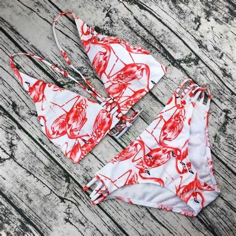 Mandm Flamingo Print Bikinis Set Women Sexy Push Up Bathing Suit Bandeau