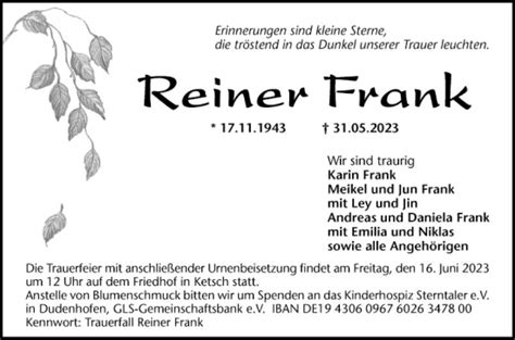 Traueranzeigen Von Reiner Frank Trauerportal Ihrer Tageszeitung