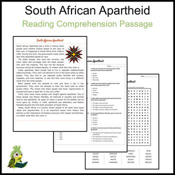 South African Apartheid Reading Comprehension And Word Search Tpt