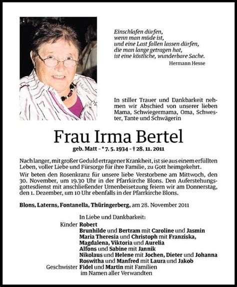 Todesanzeigen Von Irma Bertel Todesanzeigen Vorarlberger Nachrichten