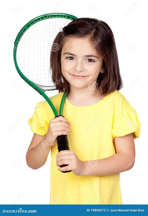 Petite Fille De Brunette Avec Une Raquette De Tennis Image stock Image du beauté adorable