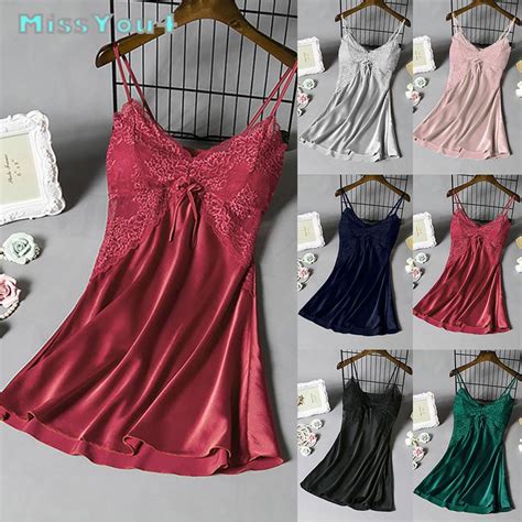 Hot Women Sexy Pajamas Solid Color Sleepwear Silky Camisole Nightdress Home Wear Lace Homewear