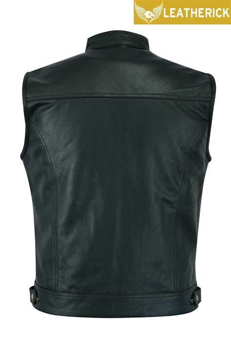 Men Sons Of Anarchy Biker Leather Waistcoat Top Grain Black Soa Cut Off