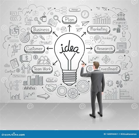 Businessman Drawing Business Idea Light Bulb On Wall Graphic Doodles