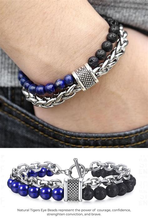 Natural Map Stone Men S Beaded Stainless Steel Bracelet Chains For