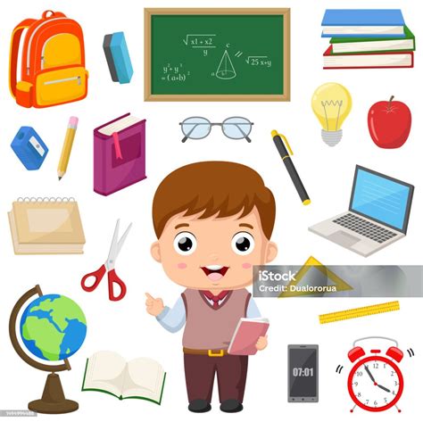 kartun anak kecil  lucu  perlengkapan sekolah ilustrasi stok