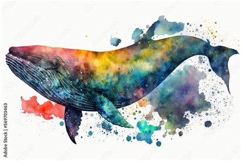 Watercolor whale on white background, colorful painting. Realistic sea ...