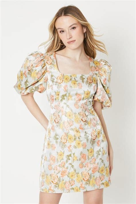 Floral Jacquard Square Neck Mini Dress