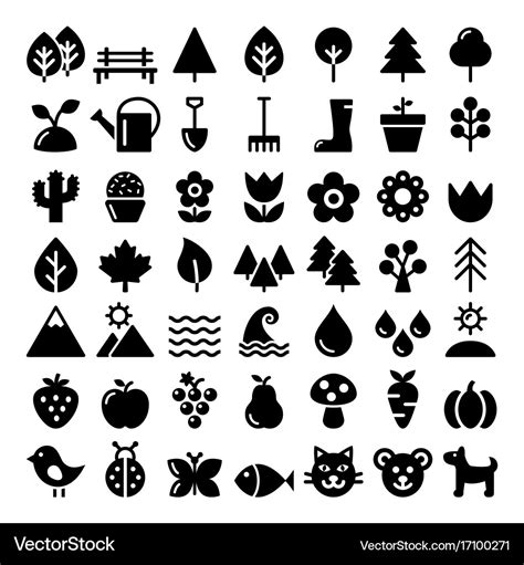 Nature icons set park outdoors animals Royalty Free Vector