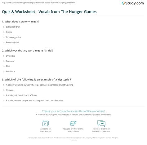 Quiz Worksheet Vocab From The Hunger Games Study