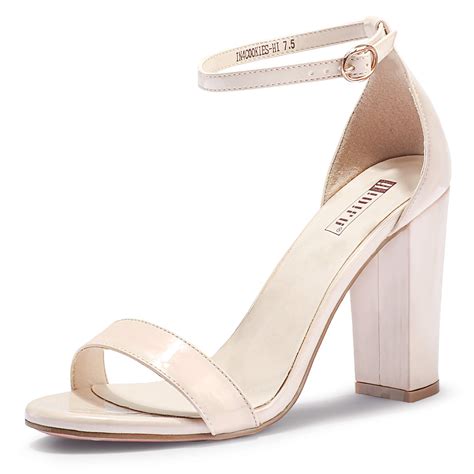 Snapklik Womens Nude Patent Chunky High Block Pump Heel Sandals Open Toe Ankle Strap