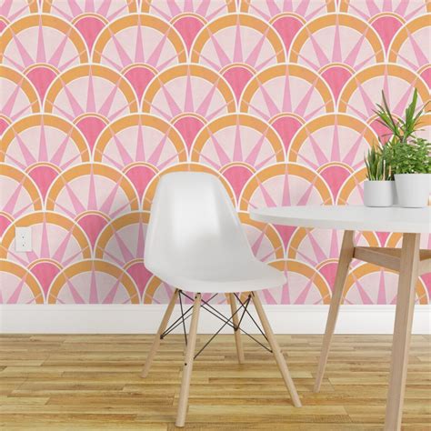 Pre Pasted Wallpaper Ft Wide Pink Orange Art Deco Fancy Fan Vintage