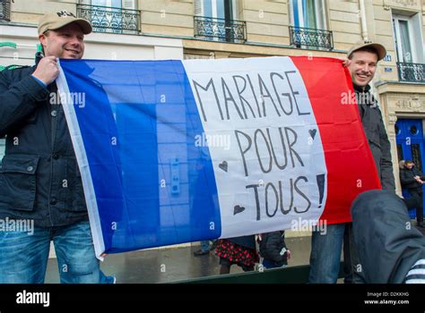 Paris France French Lgtb Activists Holding French Flag With Inscription At Pro Gay Marriage