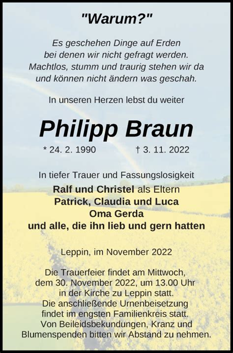 Traueranzeigen Von Philipp Braun Trauer Nordkurier