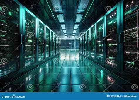 Long Hallway with Rows of Servers, a View into a High-Tech Data Center ... 