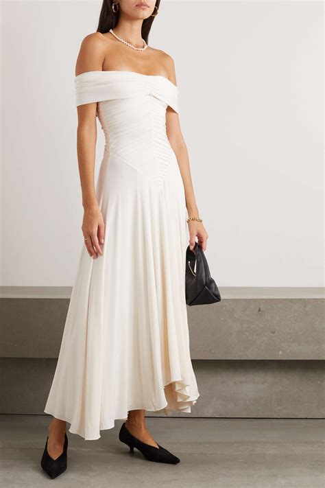 Cream Punzel Off The Shoulder Asymmetric Ruched Jersey Crepe Maxi Dress