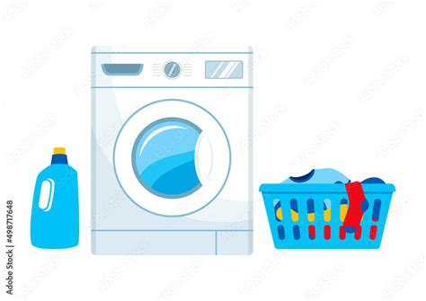 Vetor De White Washing Machine Laundry Basket And Washing Powder Icon