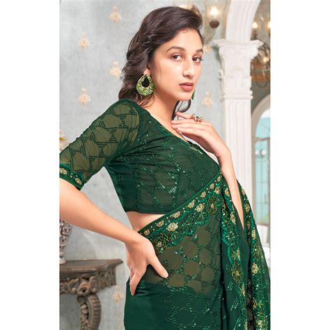 Green Sequins Embroidered Georgette Saree