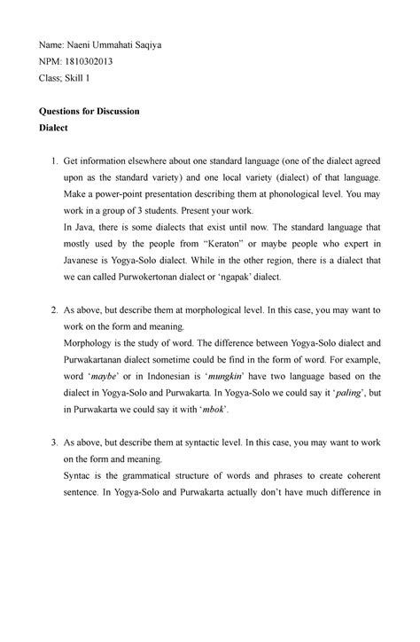 Dialect - Name: Naeni Ummahati Saqiya NPM: 1810302013 Class; Skill 1