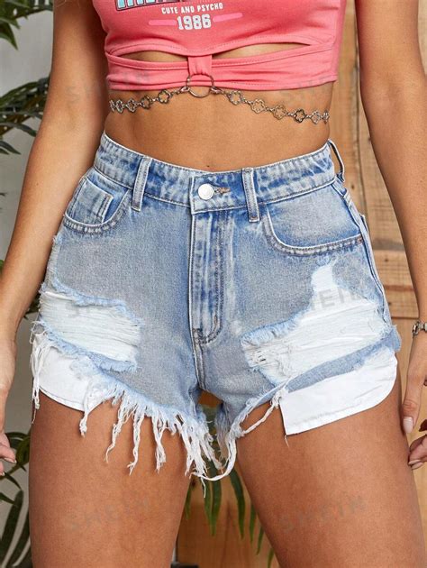 Shein Essnce Ripped Raw Hem Denim Shorts Shein Usa