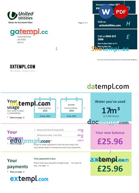 United Kingdom United Utilities Utility Bill Word And PDF Template