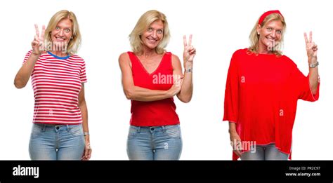 Collage Of Beautiful Middle Age Blonde Woman Over White Isolated Backgroud Smiling With Happy