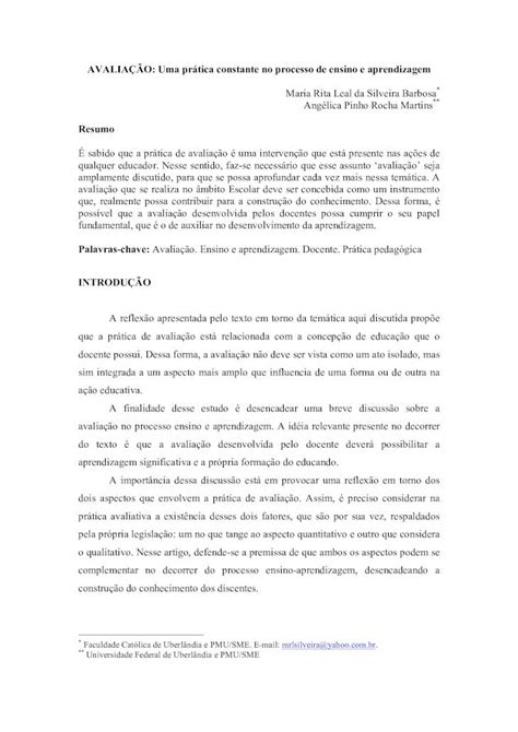 PDF AVALIAÇÃO Uma prática constante no processo de ensino PDF